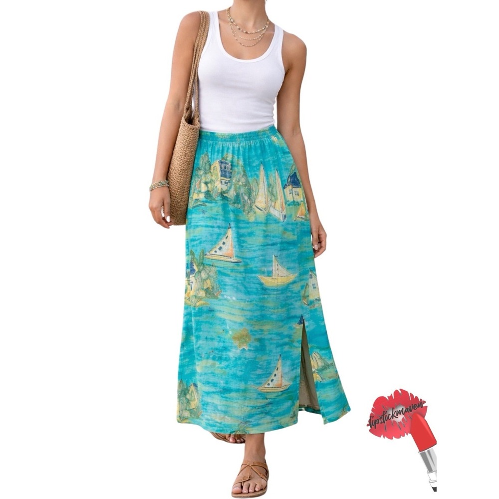 Vintage Nino Wong Skirt XL Blue Sailing Graphic Print Midi‎ 90s USA Coastal Boho